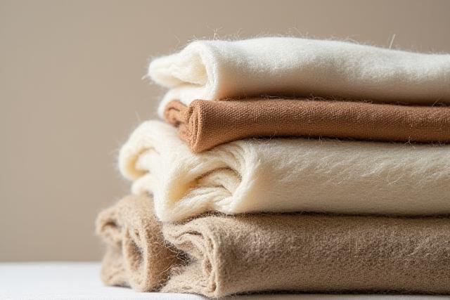 Verschiedene Stapel von unbehandelten Naturfasern wie Wolle, Leinen und Baumwolle