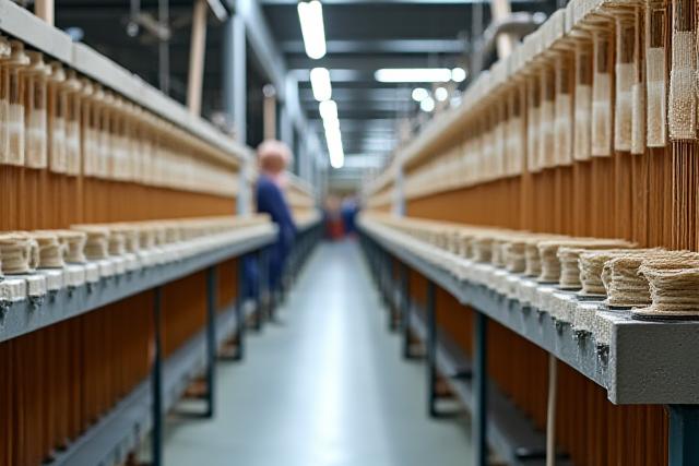 Reihen von Webstühlen in einer Textilmanufaktur