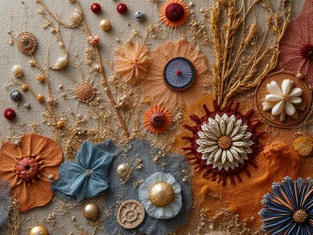 Detail einer aufwendigen Textilcollage mit verschiedenen Materialien