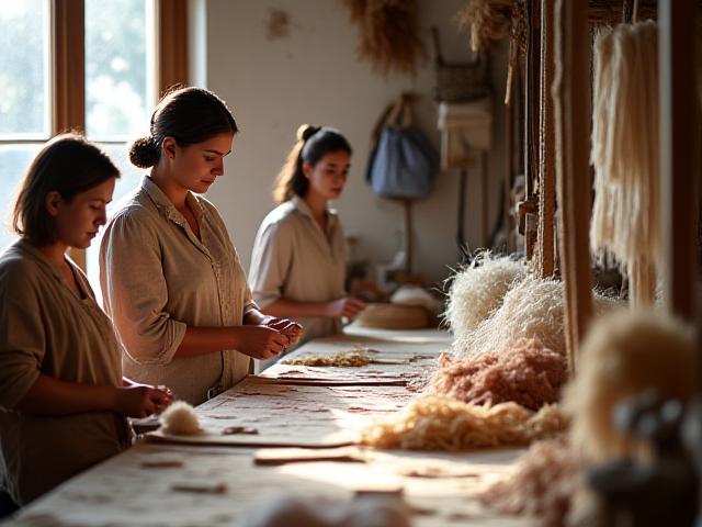 Artisans working diligently on textiles in a traditional workshop