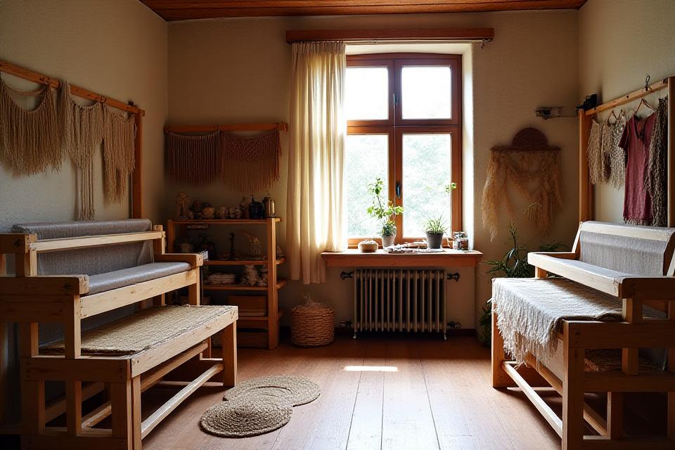 Das Gründungatelier von Filz Fertigkeit mit Webstühlen und Textilien